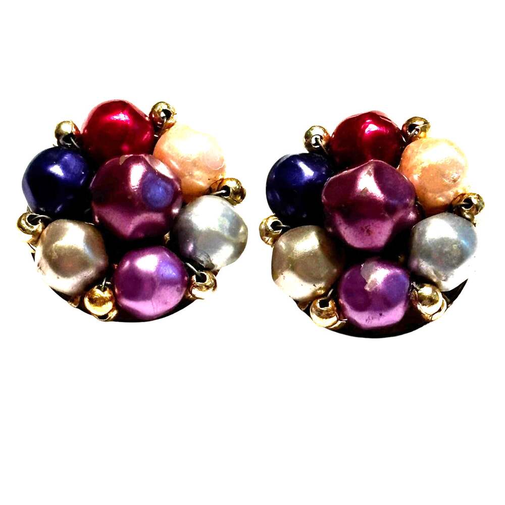 Vintage Clip On Earrings Beaded Clusters Purple Pink Multi Mid Century Classics